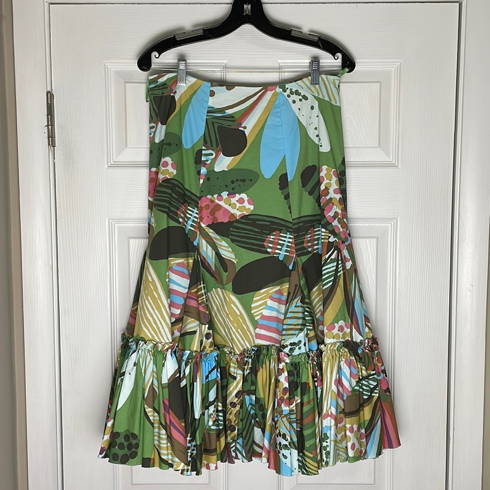 NWT Fei Harlequin Anthropologie Green Multi-Color Ruffled Midi Skirt